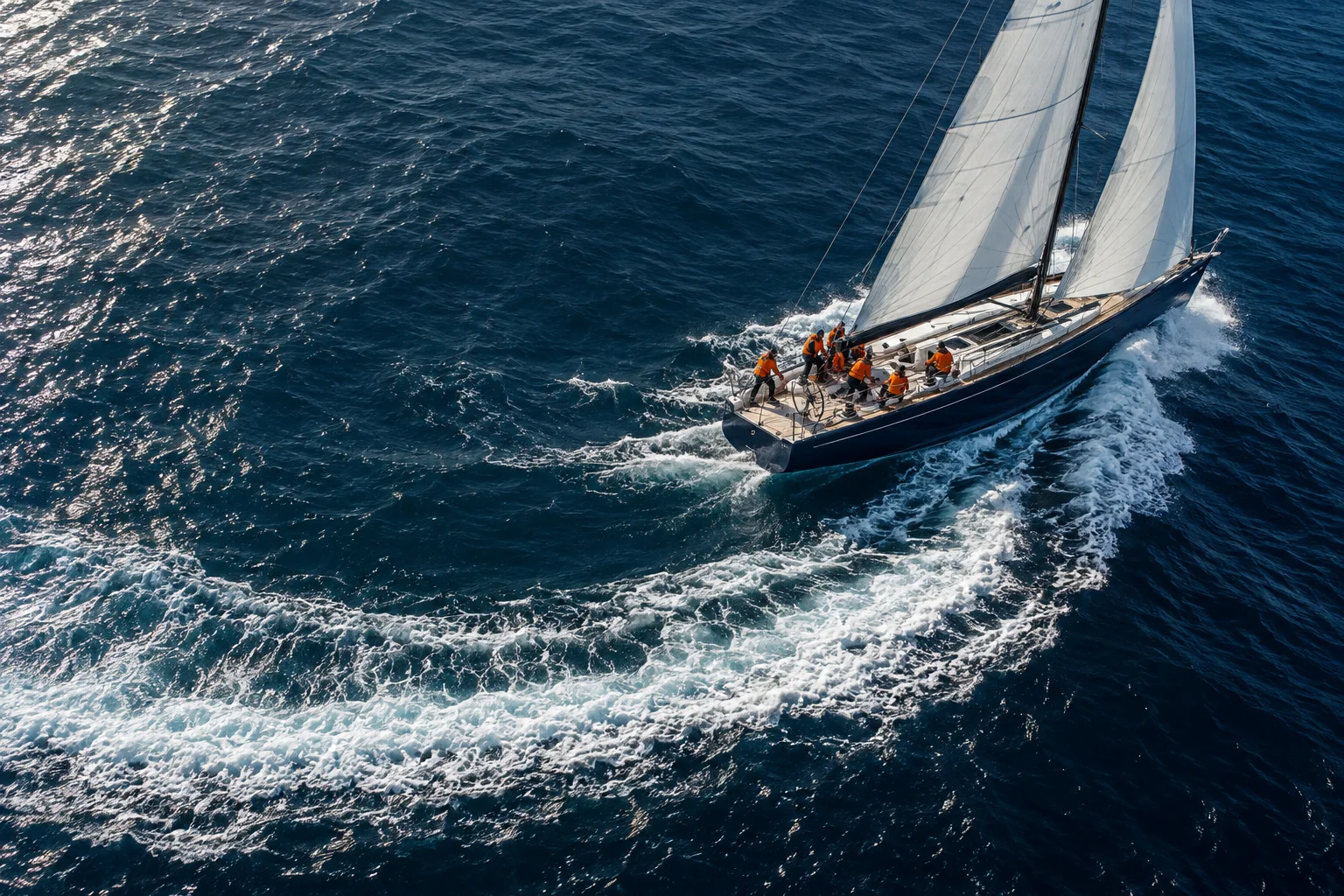A sailing crew changing course together, leaving a curved wake across the sea