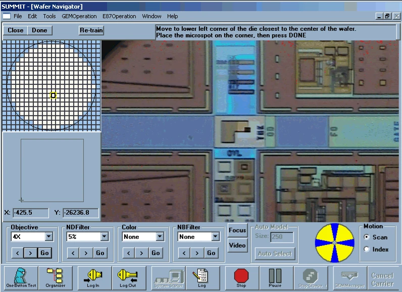 AMT recipe interface showing wafer sites and magnified alignment patterns.