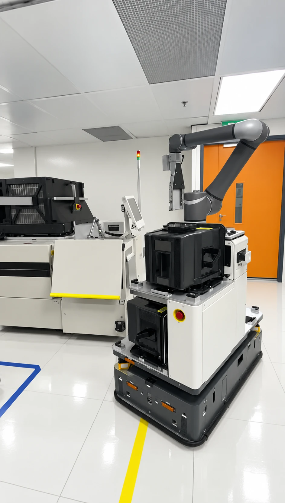 A mobile robot and articulated arm handling a wafer carrier at a prober load port.