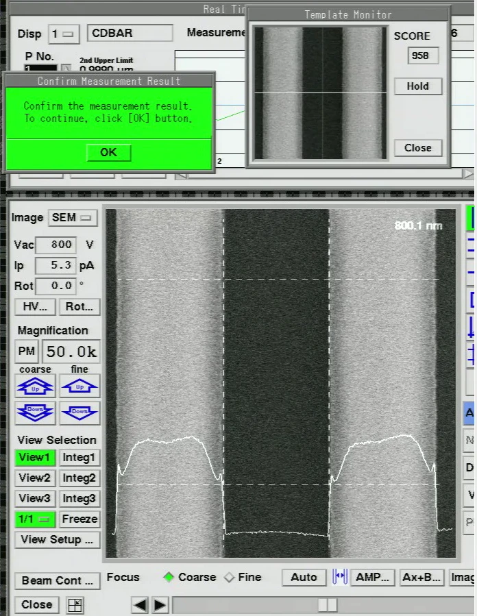 CDSEM measurement image, profile and confirmation prompt.