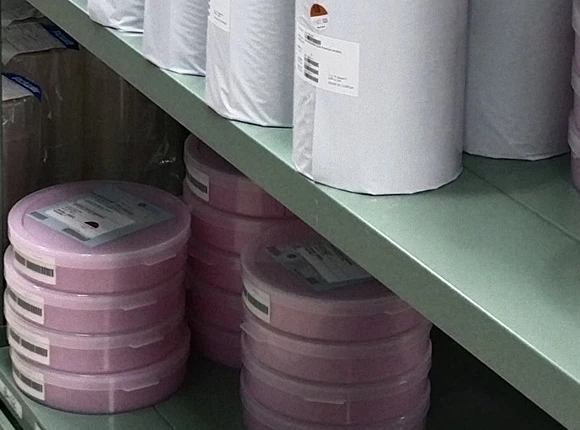 Packaged parts stored on shelving at a semiconductor manufacturing site.