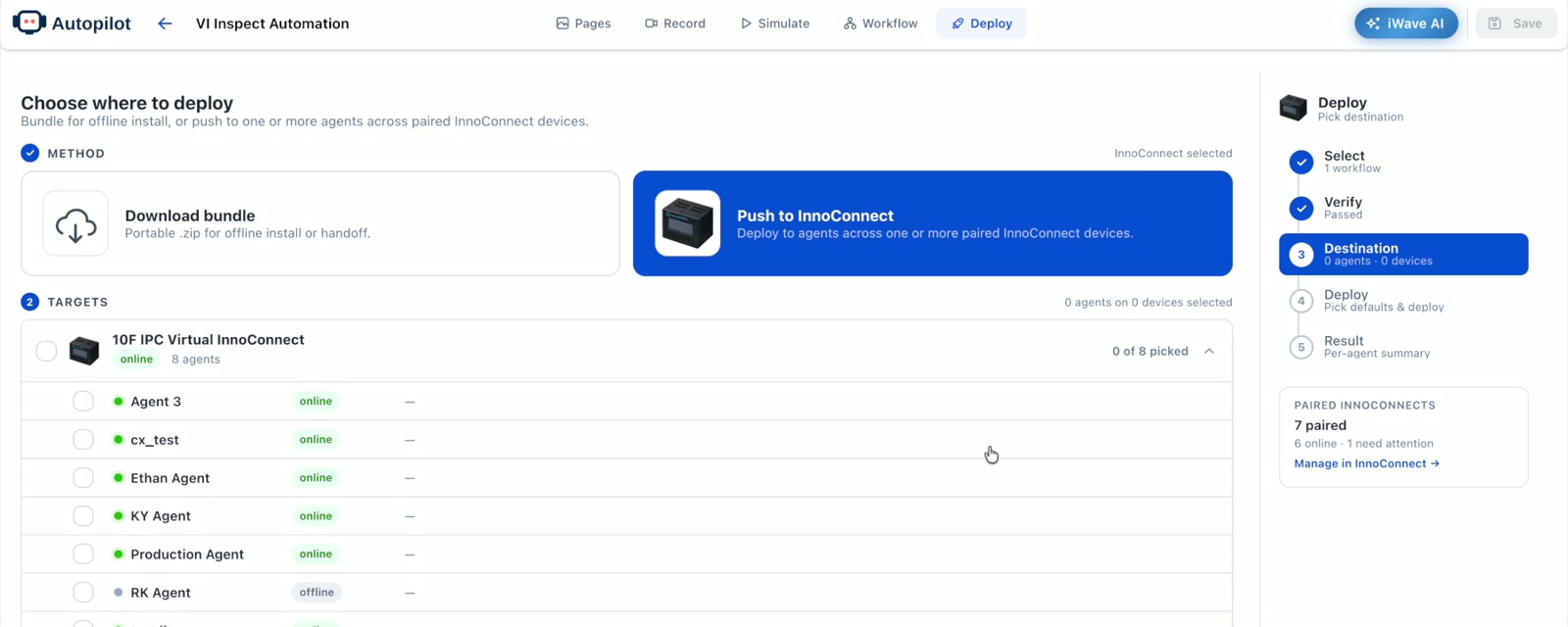 Autopilot deployment preparation with package verification and an InnoConnect destination selection.