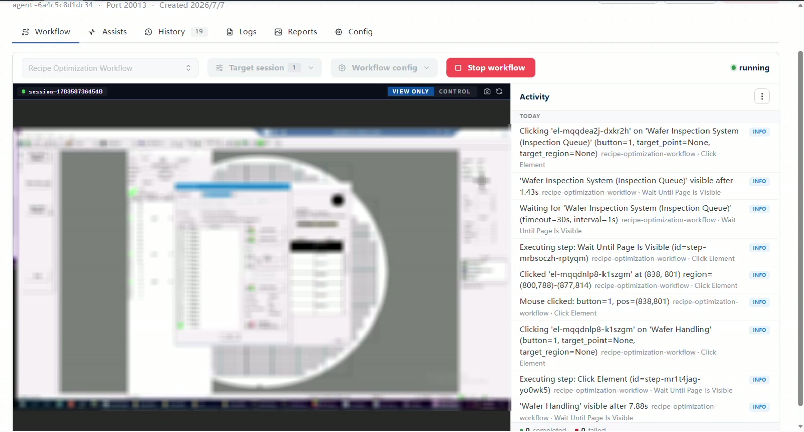 Autopilot simulator showing wafer-inspection screen actions beside a step-by-step activity log.