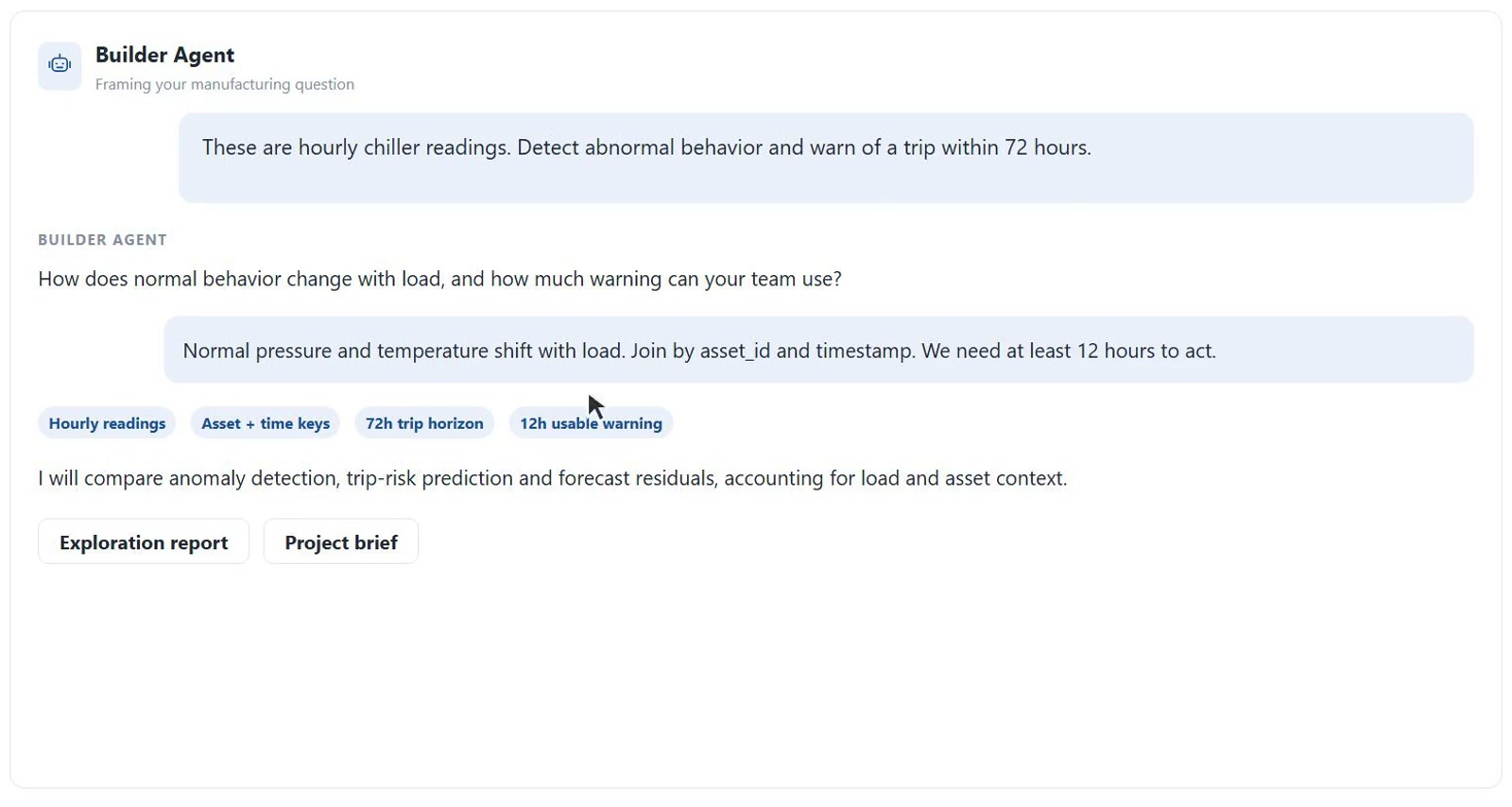 Insight workflow demonstration: a user describes chiller readings and requests advance warning of equipment trips.