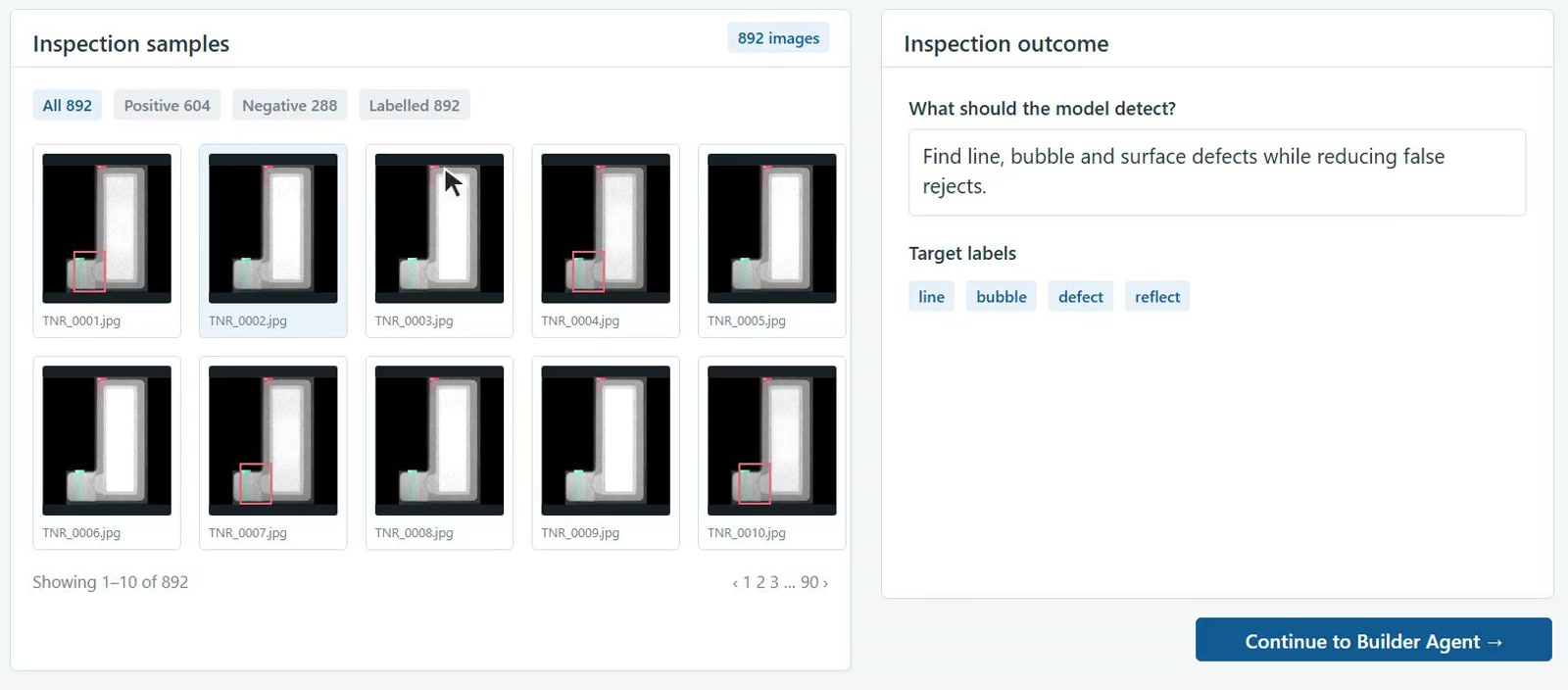 ZeroDefects workflow demonstration: sample images alongside a typed goal to find defects and reduce false rejects.
