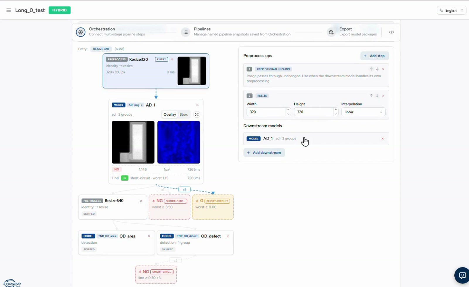 ZeroDefects hybrid pipeline test showing image outputs and the route through connected models.