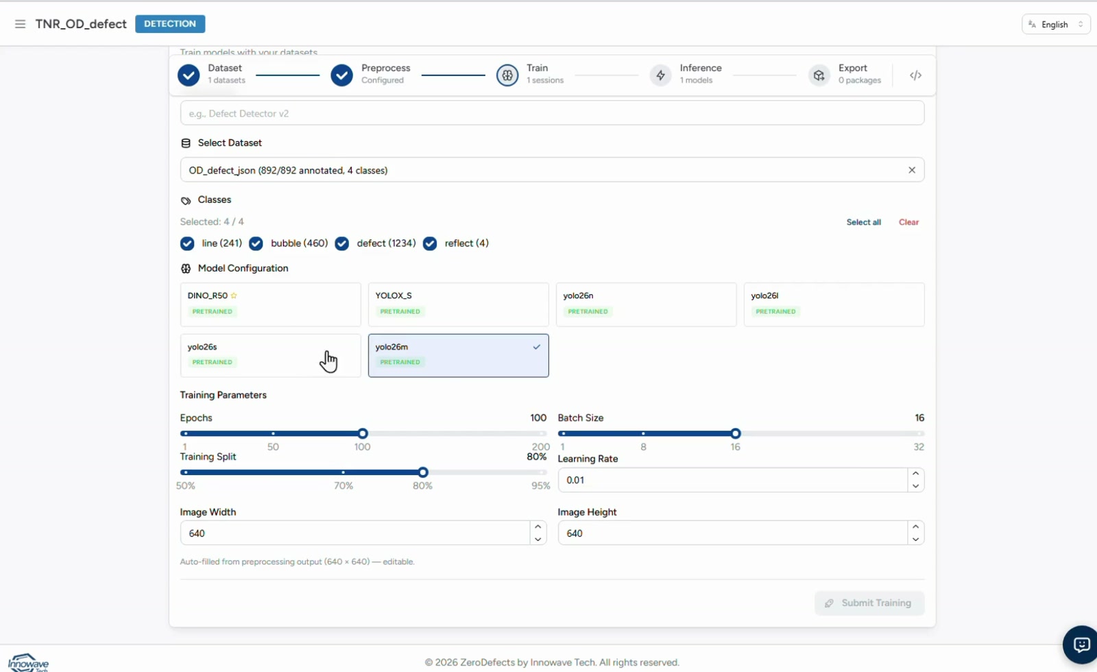 ZeroDefects training configuration and completed training session history.